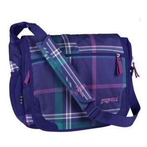 JanSport Messenger Laptop Bag Purple Plaid Shoulder Computer Crossbody